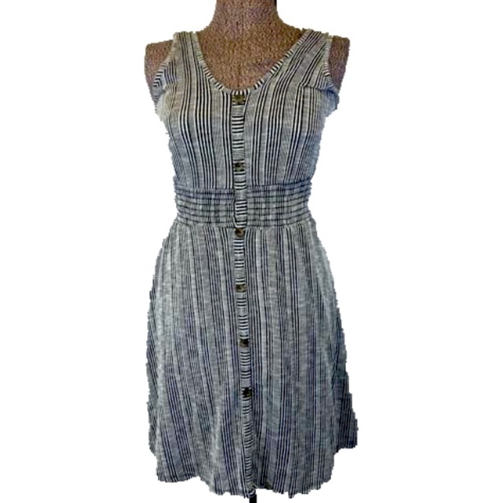 Black & White Striped Button Down Stretchy Tank Dress Smocked Waist Sz Small